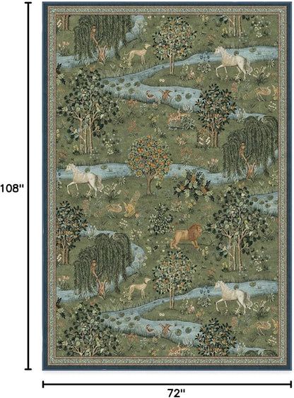RUGGABLE x Morris & Co Washable Area Rug – Owl & Willow Green 6x9, Stain-Resistant, Non-Slip – Medium Machine Washable Rugs for Living Room, Bedroom, Hallway, Entryway & Office–with Standard Pad