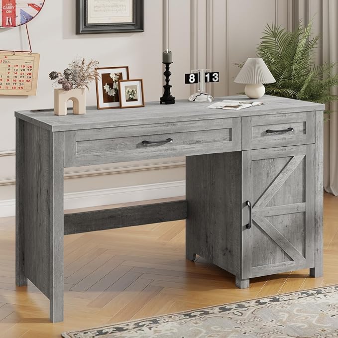 Farmhouse 47" Executive Desk, Computer Desk with Drawers and Storage Cabinet, Workstation Computer Desk for Home Office and Study(Grey
