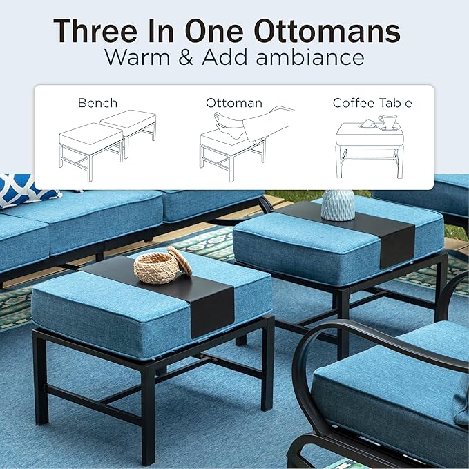 PHI VILLA 7 PCS Patio Furniture Set,Metal Outdoor Furniture with 1x 3 Seater Cushioned Deep Seating Bench Sofa, 2 Swivel Chair, 2 x Leg Chairs & 2 Ottoman for 7 Person, Navy Blue