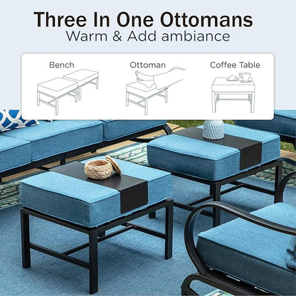 PHI VILLA 7 PCS Patio Furniture Set,Metal Outdoor Furniture with 1x 3 Seater Cushioned Deep Seating Bench Sofa, 2 Swivel Chair, 2 x Leg Chairs & 2 Ottoman for 7 Person, Navy Blue