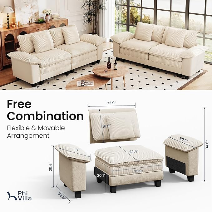 PHI VILLA Cloud Modular Couches Sets, 2 Pieces Sectional Loveseat Sofa Set, 4-Seater Comfy Couch for Living Room Small Spaces, Chenille Corduroy Dual Fabric, Beige