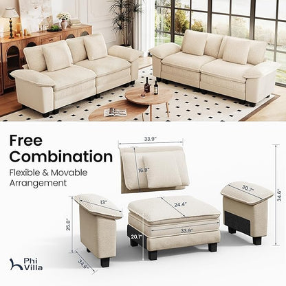 PHI VILLA Cloud Modular Couches Sets, 2 Pieces Sectional Loveseat Sofa Set, 4-Seater Comfy Couch for Living Room Small Spaces, Chenille Corduroy Dual Fabric, Beige
