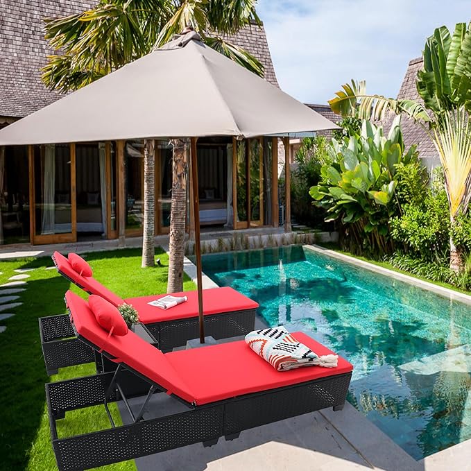 3 PCS Patio Chaise Lounge with Coffee Table Cushion&Pillow Outdoor Lounge Chair Chaise Lounger Patio Reclining Chair 5 Angle Adjustment Black PE Rattan for Courtyards Poolside Garden(red)