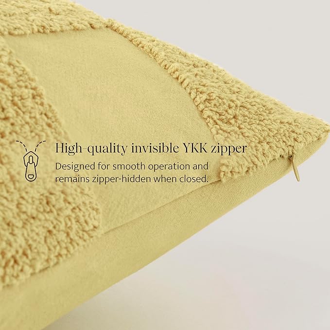 Double Stitch Checkered Throw Pillow Covers - 100% Cotton Set of 2 Tufted Boho Decorative Pillow Covers 20x20, Made in India, Square Cushion Case, Modern Home Decor for Couch, Sofa, Lemon Yellow