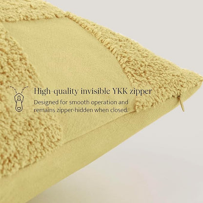 Double Stitch Checkered Throw Pillow Covers - 100% Cotton Set of 2 Tufted Boho Decorative Pillow Covers 20x20, Made in India, Square Cushion Case, Modern Home Decor for Couch, Sofa, Lemon Yellow