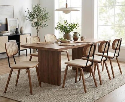 Mid-Century Dining Chairs Set of 4, PU Leather Kitchen Chairs with Rattan Backrest Wooden Legs Armless Design for Dining Room Living Room, Beige