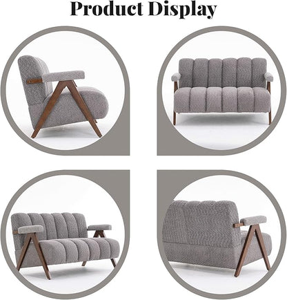 Mid Century Modern Accent Chair Loveseat Sofa with Solid Wood Frame, Boucle Upholstered Living Room Chairs with Thick Cushion, Comfy Tufted Arm Chair for Bedroom, Grey
