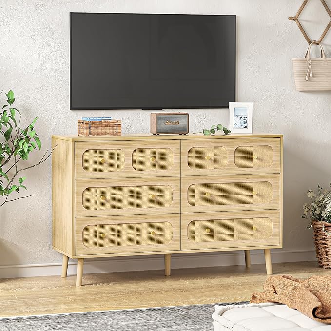 Rattan Dresser for Bedroom, Boho 6 Drawer Double Dresser with Gold Handles, Natural Wood Storage Dressers & Chest of Drawers, 6 Drawer Dressers