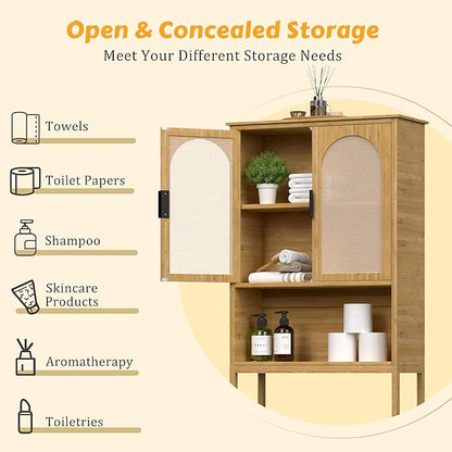 Bamboo Over-The-Toilet Storage Shelf with Inverted U-Shaped Doors, Rattan Surface Bathroom Freestanding Space Saver Organizer with Shelves, Natural