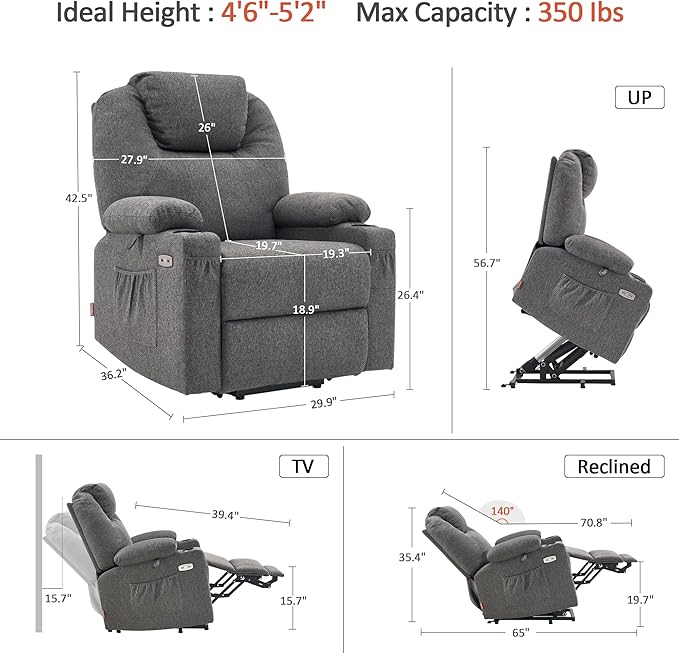 MCombo Small Power Lift Recliner Chair for Elderly, Petite Power Lift Chair with Heat and Massage for Seniors, Cup Holders, USB & Type C Ports, Fabric 7141 (Grey)