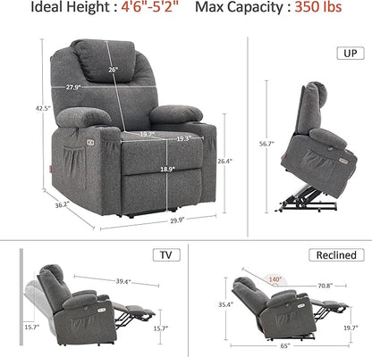 MCombo Small Power Lift Recliner Chair for Elderly, Petite Power Lift Chair with Heat and Massage for Seniors, Cup Holders, USB & Type C Ports, Fabric 7141 (Grey)