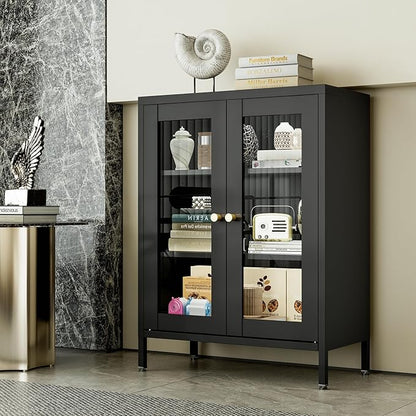 Small Display Cabinet with Glass Doors, 12" Shallow Metal Storage Cabinets Short Bookcase Cabinet with Two Door Two Shelves Metal Glass cabinets for Home Office Living Room