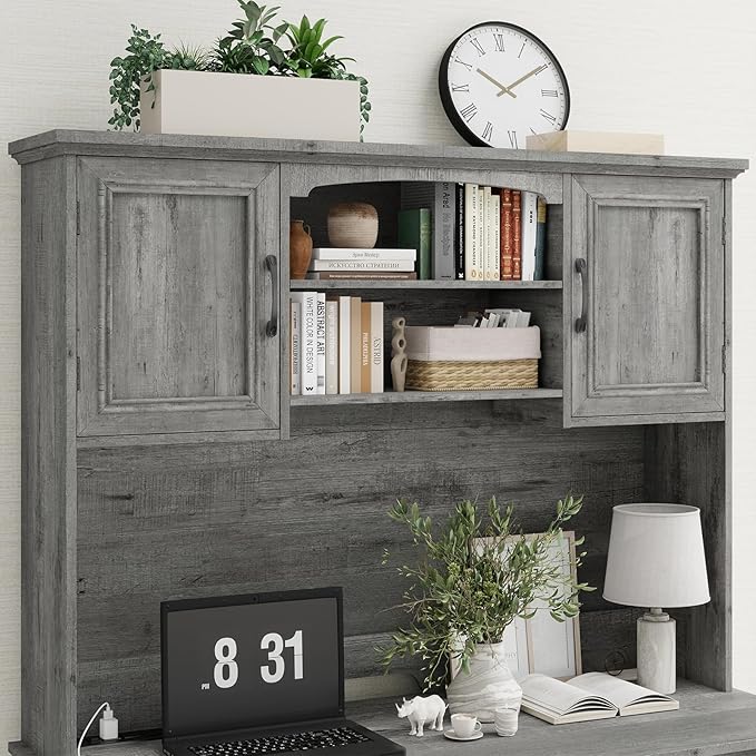 Vabches Farmhouse 47" Executive Desk with Hutch, 2 Drawers and LED Light, Computer Desk with Storage Cabinet and Charging Station,Workstation for Home Office and Study.Grey