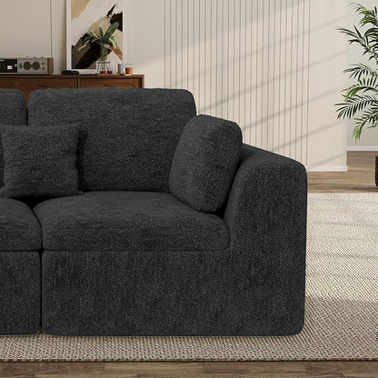115" Cloud Boneless Sectional Couch, Deep Seat L Shaped Modular Couch with Ottoman, Oversized Upholstered Convertible 4 Seater Modular Sofa for Living Room,Black Chenille