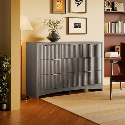 Marsail Fluted 7-Drawer Wide Wooden Dresser, Smooth Gliding Drawers & Large Capacity Storage Space, Modern Organizer Cabinet for Bedroom or Hallway, Light Grey
