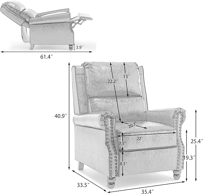 Pushback Recliner Chair, Faux Leather Wingback Recliner Chair, Upholstered Armchair Push Back Recliner with Wood Legs, Rivet Trim Single Sofa Accent Chair for Living Room, Bedroom, Gray