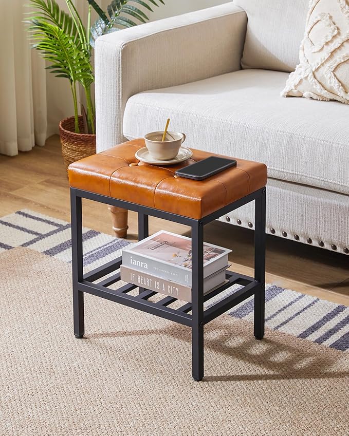 IBUYKE Rectangular Makeup Stool with Adjustable Feet and Storage Space, Footrest Chair, PU Vanity Seat, Multi-Use as Small Side Table or Ottoman, for Bedroom, Light Brown WBD017J