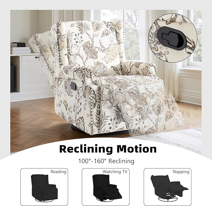 Premium 360° Swivel Recliner Chair with Footrest - Luxurious Cotton Linen & Botanical Design-Cream Plant