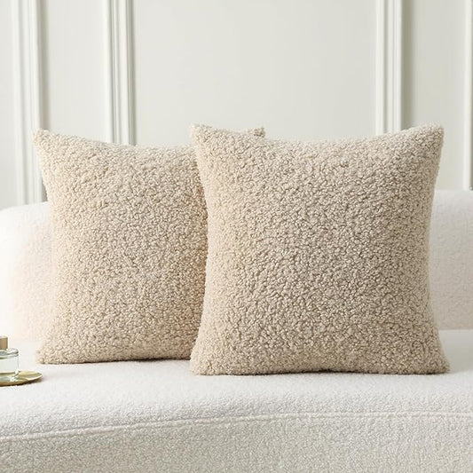 FUTEI Beige Throw Pillow Covers 22x22 Inch Set of 2,Furry Faux Fur Teddy Boucle Textured Cushion Covers,Soft Fluffy Decorative Pillow Case,Home Decor for Couch Bed Living Room Office Car