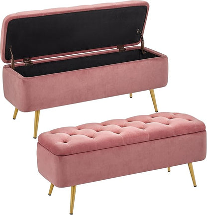 Yaheetech Ottoman with Storage 2pcs, Velvet Entryway Bench with Safety Hinge, Upholstered Bench with Seating for Bedroom, Living Room, Holds up to 519 lb, Pink