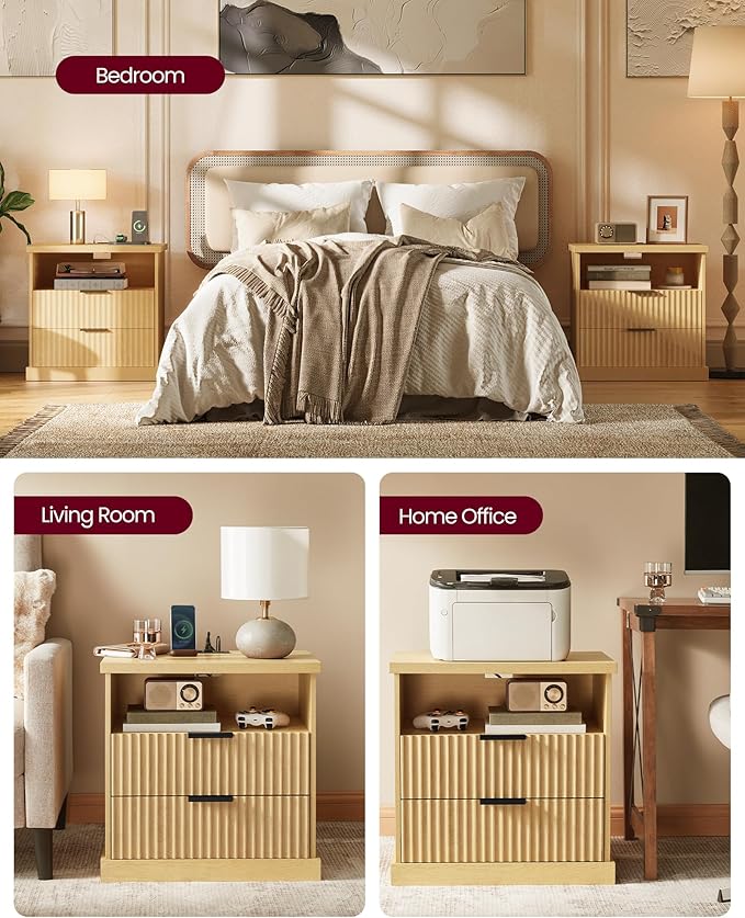 VASAGLE MAXE Collection - Set of 2 Nightstands with Charging Station, Fluted Night Stand, Bedside Table, Mid Century Modern Side End Table, 2 Drawers, 2 AC Outlets, 2 USB Ports, Oak Beige ULET926Y01