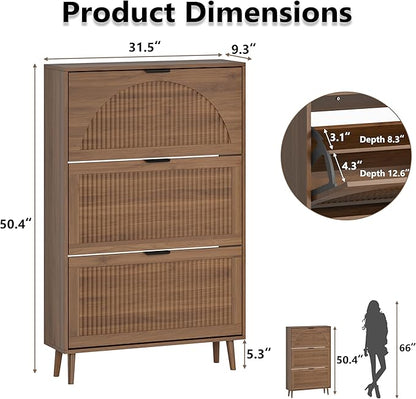 Shoe Cabinet for Entryway with 3 Flip Drawers, Slim Wooden Shoe Storage Organizer with Modern Fluted Pannel，Freestanding Narrow Hidden Shoe Rack for Hallway, Foyer, Living Room