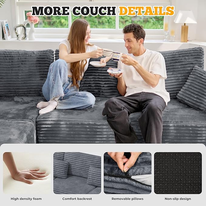 113" Modular Sectional Sofa, Convertible L-Shaped Cloud Couches for Living Room with Ottoman, 4 Seater Corduroy Boneless Couch Sofa Set, No Assembly Required, Grey 1 PCS