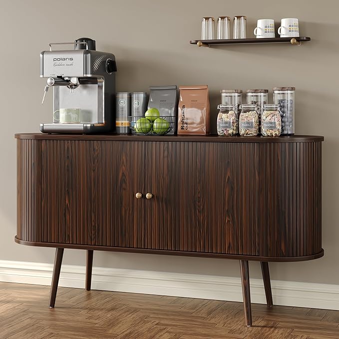 Furniouse 54.4''W Buffet Cabinet with Storage Fluted Sideboard Cabinet with Doors & 4 Shelf Storage for Living Room, Hallway, Kitchen, Mahogany