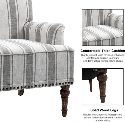 Accent Chair, Mid Century Modern Comfy Armchair for Living Room, Linen Fabric Single Sofa Lounge for Reading Bedroom Apartment Waiting Room with Wood Legs (Grey Stripe, Set of 2)