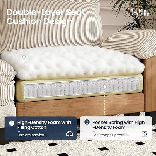 PHI VILLA Cloud Oversized Sectional Sofas, 2 Armless Sofas with Deep Seat for Living Room Reading Nook, Chenille Corduroy Dual Fabric, Beige