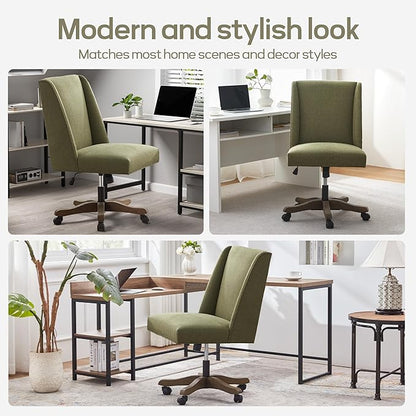 Upholstered Armless Office Chair with Wooden Legs, Modern Adjustable Home Office Desk Chair Computer Chair Swivel Chair for Home Office Study Studio (Green)