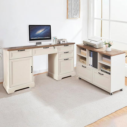 60" Farmhouse Executive Desk with 40" Mobile File Cabinet,L Shaped Desk Set with Charging Station,Office Desk with Storage Drawers,Wood Computer Desk Set for Office Work,Home Study
