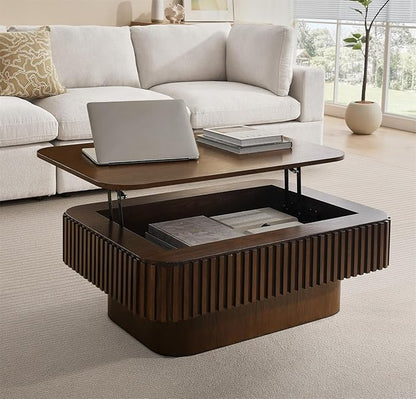 Lift Top Coffee Table for Living Room, Fluted Coffee Tables with Storage, Solid Wood Veneered Modern Accent Tea Center Table for Small Space Apartment (Walnut-38.6''D×26.8''H)