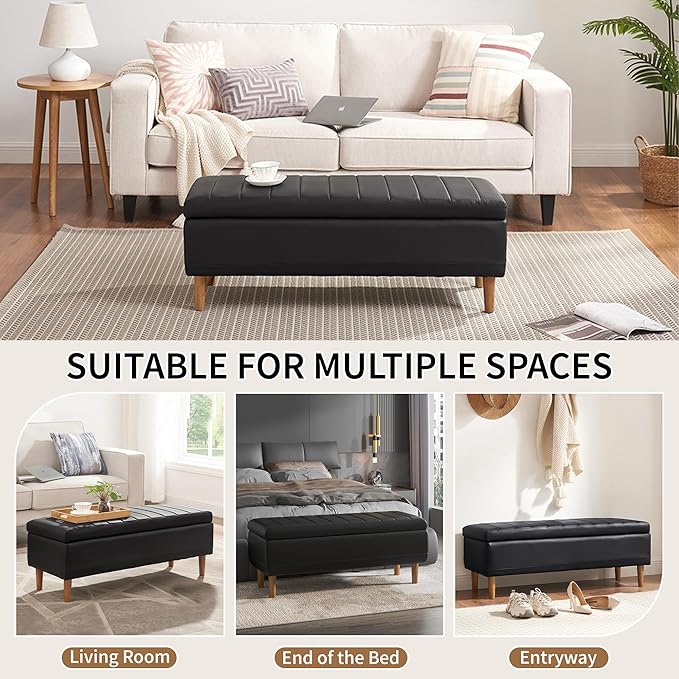 VECELO 44.5" Storage Ottoman Bench, Black Ottoman with Storage, Safety Hinge & Solid Wood Legs, Faux Leather Upholstered Ottoman with Seat for Living Room, Entryway, Holds up to 330 lb