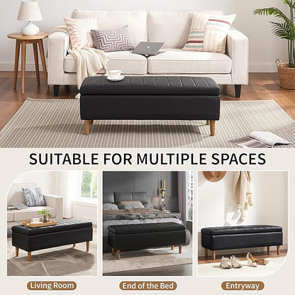 VECELO 44.5" Storage Ottoman Bench, Black Ottoman with Storage, Safety Hinge & Solid Wood Legs, Faux Leather Upholstered Ottoman with Seat for Living Room, Entryway, Holds up to 330 lb