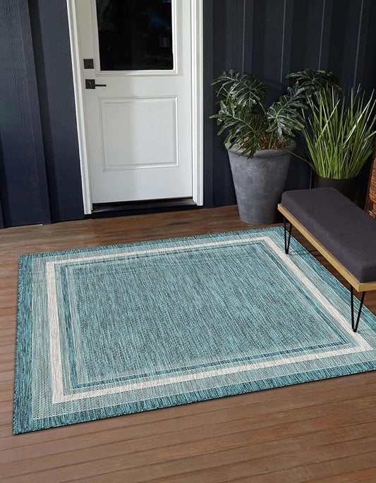Unique Loom Outdoor Border Collection Area Rug - Soft Border (10' Square Teal/Ivory)