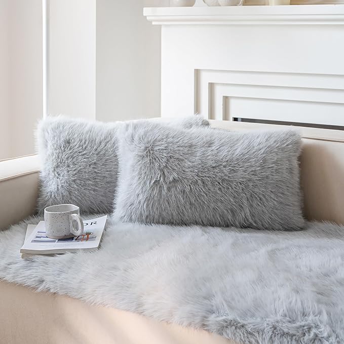 Neelvin Light Grey Faux Fur Cozy Fluffy Double-Sided Decorative Throw Pillow Covers 12x20 inch Set of 2,Velvet Pillowcase Cushion Case for Sofa Couch