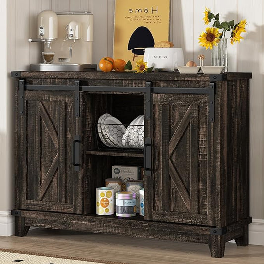 Vabches Bar Cabinet with Storage, Farmhouse Storage Cabinet with Sliding Barn Doors and Adjustable Shelves Small Rustic Liquor Cabinet for Living Room, Kitchen, Entryway