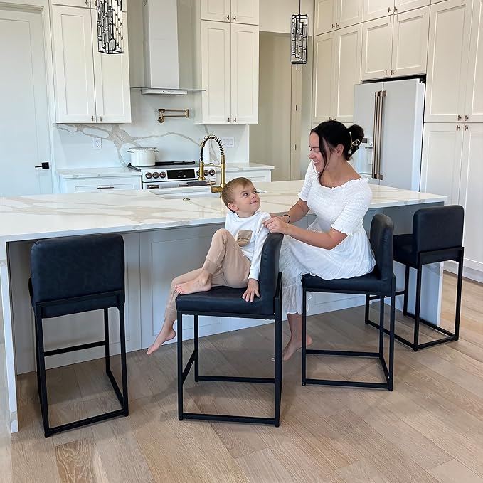 PHI VILLA Bar Stools Set of 3 - Counter Height Bar Stool Faux Leather Barstools with Back, 24" Bar Chairs
