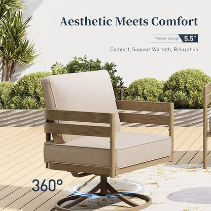 Metal Frame Patio Furniture Set, Wood-Like Modern Outdoor Patio Furniture Set with Cushion, Patio Seating Set with Swivel Chairs, Patio Conversation Set for Backyard Deck