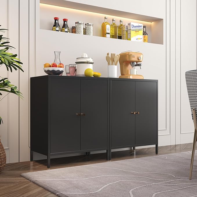 Small Storage Cabinet, Metal Cabinets with Doors and Shelves, Low Cabinet with high feet and Locker, Coffee Bar with Storage, Modern Accent Cabinets for Home,Office,Kitchen,Bathroom,Dining Room