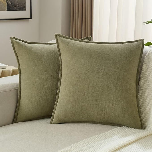 FUTEI Olive Green Chenille Throw Pillow Covers 26x26 Inch Set of 2,Edges Double-Stitched Euro Pillow Shams,Modern Home Decor for Couch Living Room