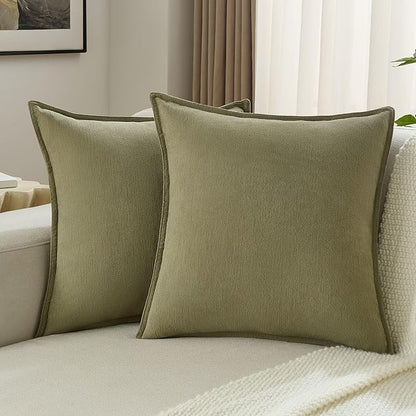 FUTEI Olive Green Chenille Throw Pillow Covers 22x22 Inch Set of 2,Edges Double-Stitched Cushion Cases,Modern Home Decor for Couch Living Room