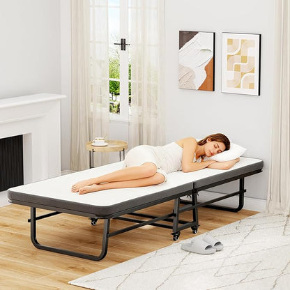 Folding Bed with Mattress, Portable Rollaway Guest Beds On Wheels, 72"x 32" Twin Size Portable Bed for Adults, Metal Bed Frame, Space Saving Roll Away Beds for Small Apartment