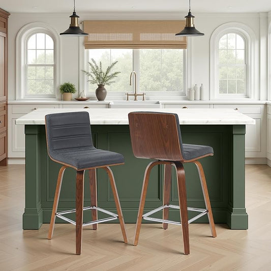 Vienna Modern Counter Height Swivel Bar Stool with Vintage Black Upholstered Seat and Walnut Finished Wood Frame Set of 4