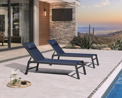 PURPLE LEAF Outdoor Oversized Lounge Chair Set of 3 Patio Chaise Pool Lounger Aluminum Frame with Side Table and Wheels for Outside Sunbathing Tanning Recliner Including Pillows Navy Blue