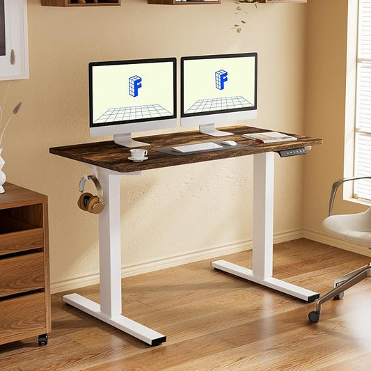 FLEXISPOT EN1 One-Piece 55 x 28 Inches Electric Stand Up Desk Workstation Home Office Computer Standing Table Height Adjustable Desk (White Frame + Rustic Top, 2 Packages)