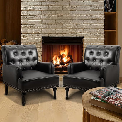 MOJAY Faux Leather Accent Chair Set of 2, Mid-Century Modern Living Room Chair Lounge Study Sofa Chair with Sturdy Wood Legs, Club Chair Armchair for Bedroom Home Study Reception (Black)