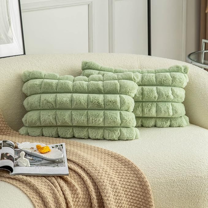Neelvin Green Faux Fur Cozy Soft Plaid Decorative Throw Pillow Covers 12x20 inch Set of 2,Velvet Pillowcase Cushion Case for Sofa Couch