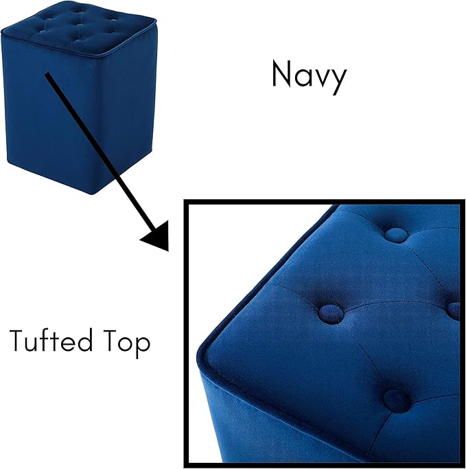 BIRDROCK HOME Tufted Navy Velvet Ottoman Foot Stool - Square - Soft Compact Padded Stool - Great for The Living Room, Bedroom and Kids Room - Upholstered Small Furniture